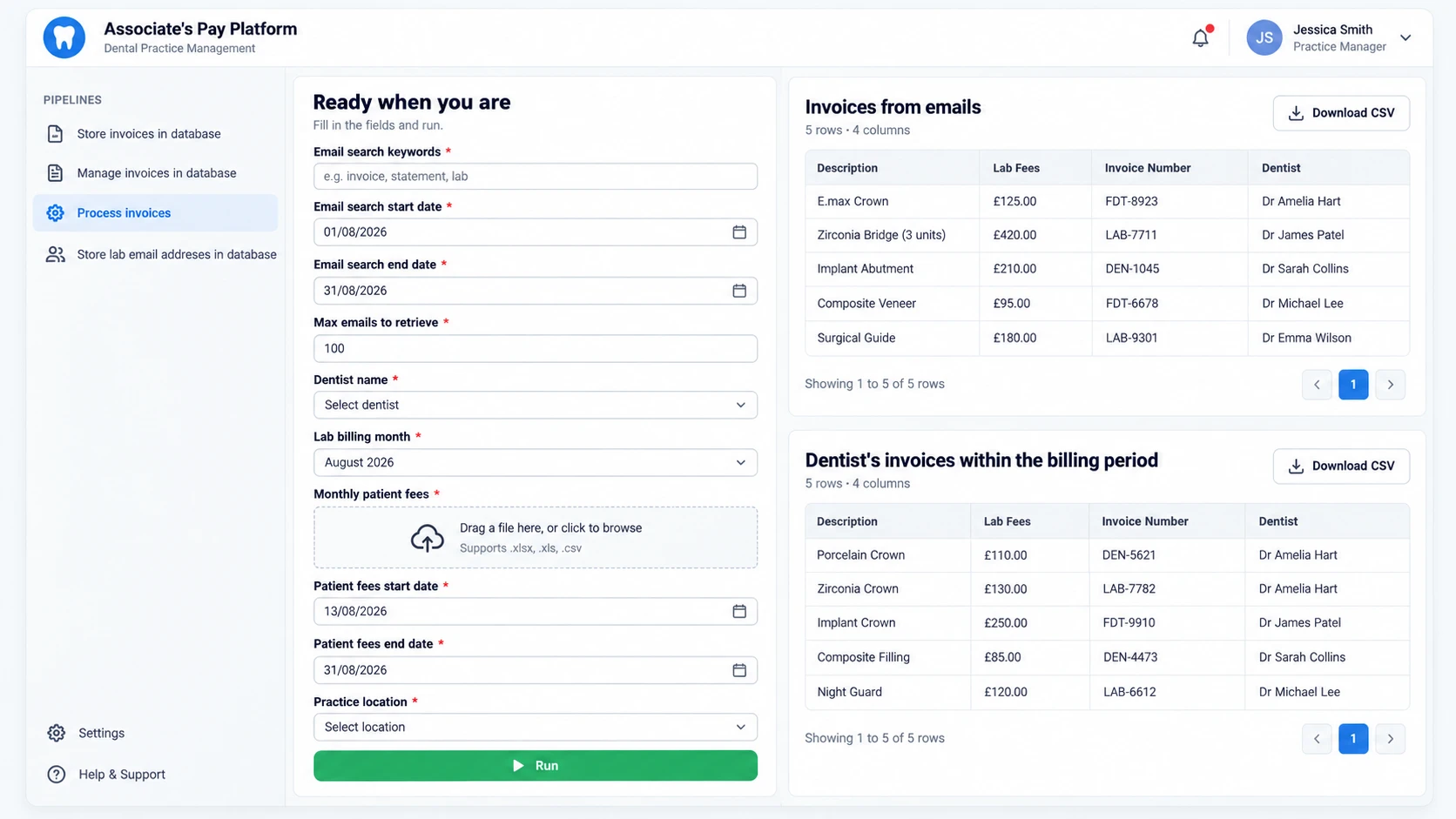 Associate's Pay AI Agent dashboard showing the invoice-processing screen, with lab invoices matched to dentists and ready to download as CSV
