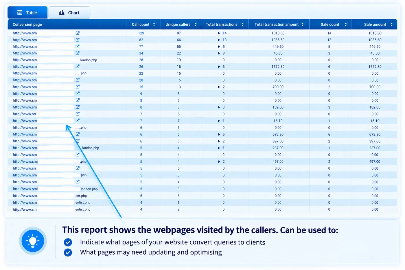 Report showing the exact webpages visited by a caller before converting