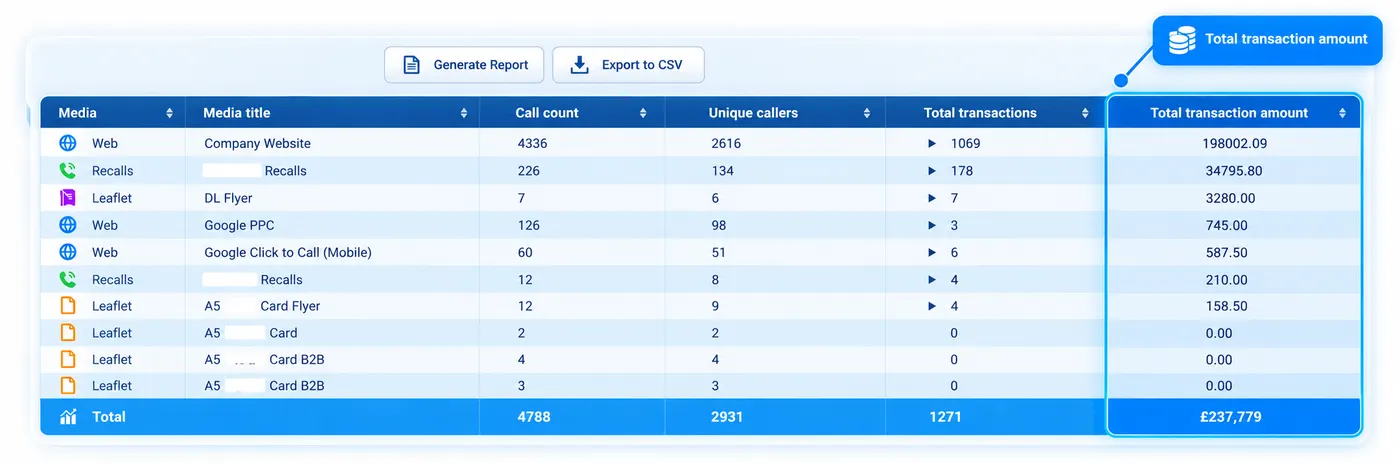 Report showing every marketing channel's cost and revenue side by side