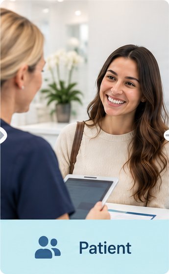 A smiling patient talking with a practice team member at reception