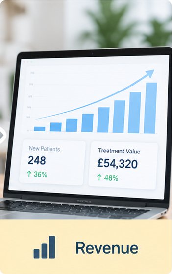 A laptop showing total revenue growth and a rising chart