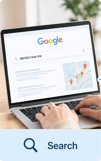 A person searching Google for a dentist near me, with local practice listings and a map